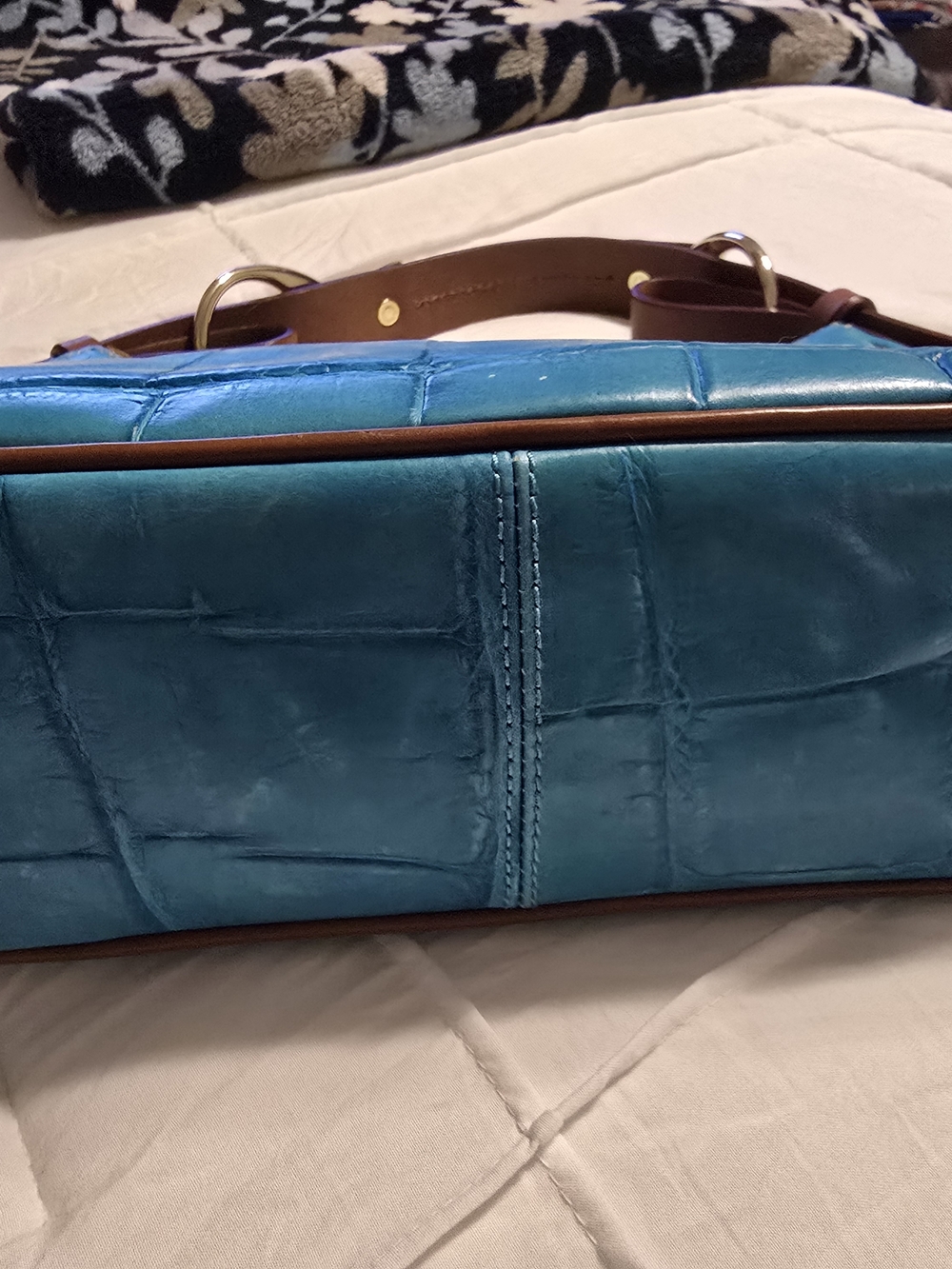 Dooney & Bourke Teal Croc-Embossed Leather Shoulder Bag with Brown Handles - Picture 2 of 2